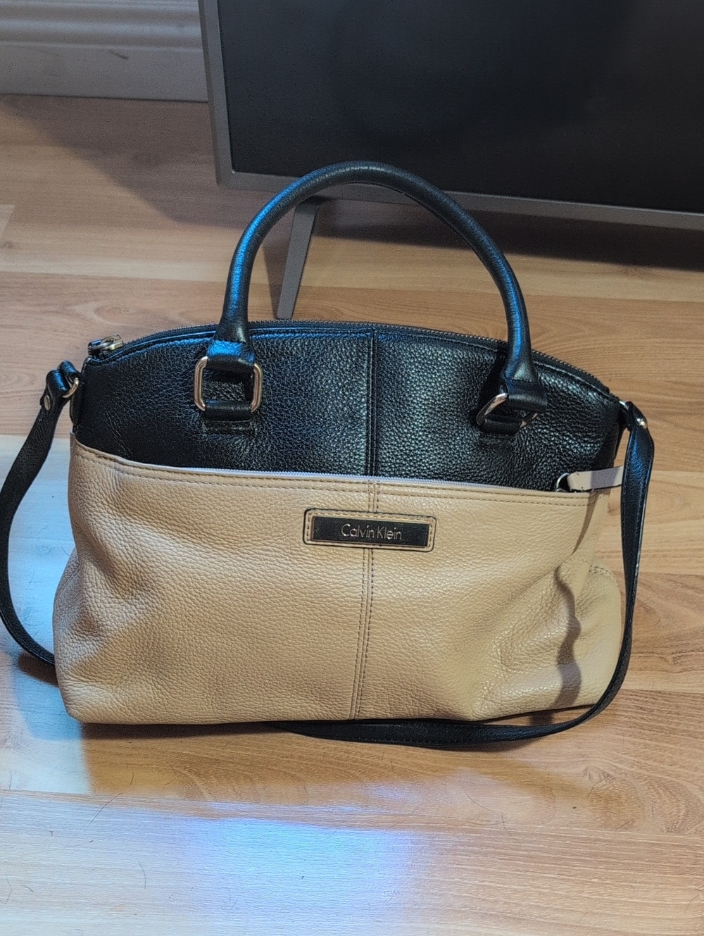 Calvin Klein Black and Cream Two-Tone Leather Satchel Bag